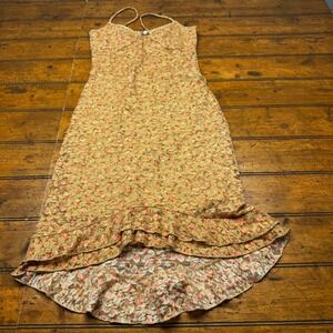 Taboo Vintage Floral Lace High‎ Low Ruffle Midi Dress Tan Pink DJ132191 Small